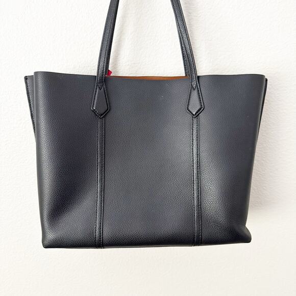 TORY BURCH | Perry 3 Compartment Tote Black Tan Interior Red Logo Charm Gold - Picture 5 of 15